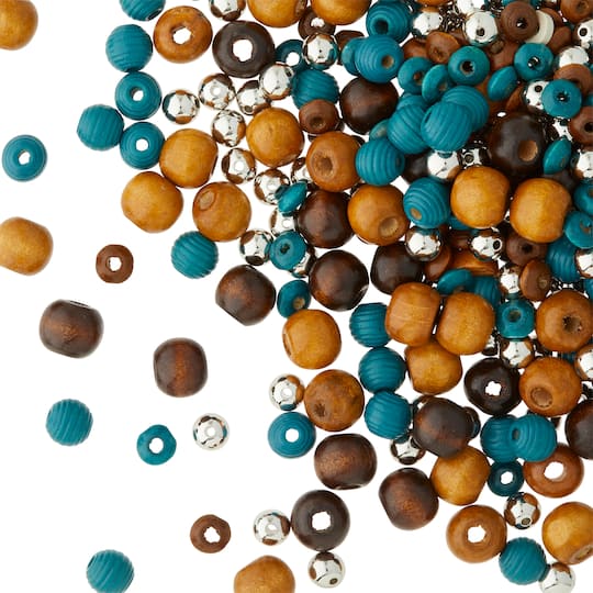 12 Pack: Craft Brown &#x26; Turquoise Mixed Wooden Beads by Bead Landing&#x2122;